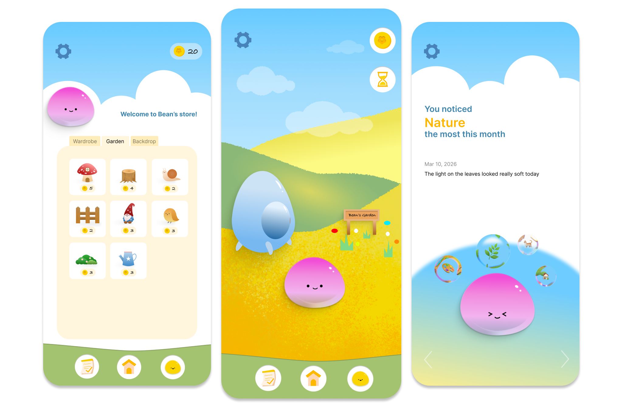 Three Bean mindfulness-app screens showing the store, garden, and monthly reflection